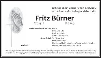 Traueranzeige von Fritz Bürner von Pegnitz-Zeitung
